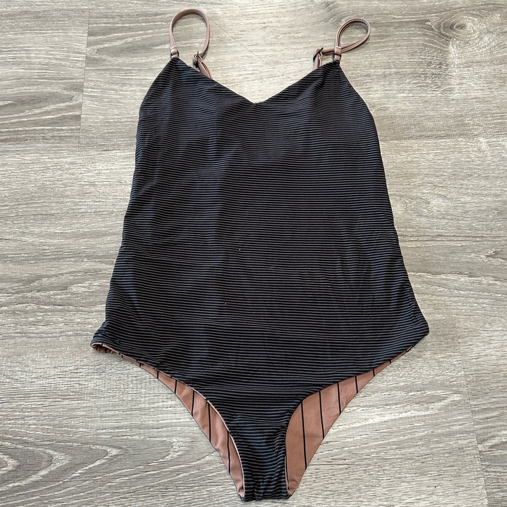 ACACIA swimwear Hina Small Black Brown Striped one piece reversible full bikini